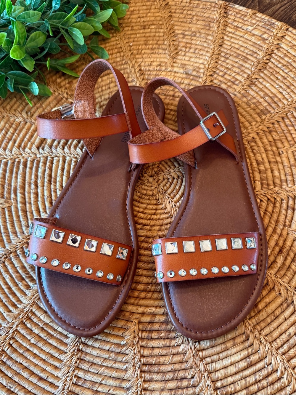 New Seven Dials Cognac Brown Textured Rhinestone Stud Sandals
